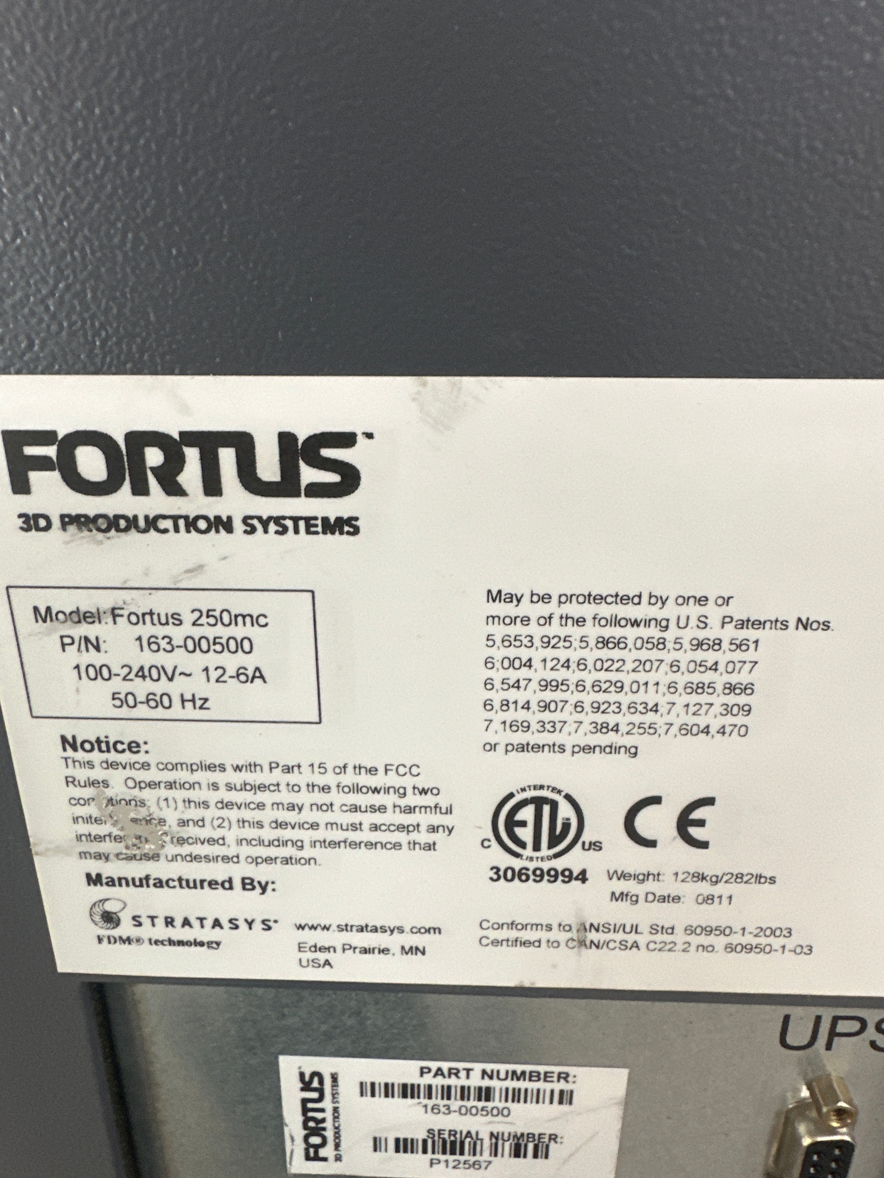 Stratasys Fortus 250mc 3D Printer 163-00500 W/ Cartridge and Soluble S